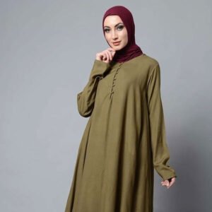 Asymmetrical double layered modest wear muslimah abaya dress - Olive Green